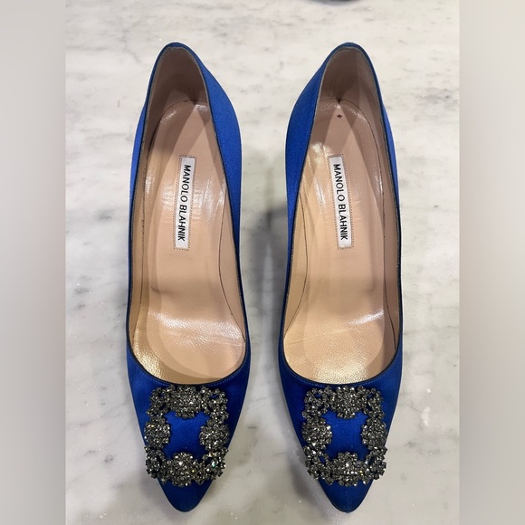 Manolo Blahnik Shoes - Manolo Hangisi 70MM Embellished Satin Pumps - Blue 38.5